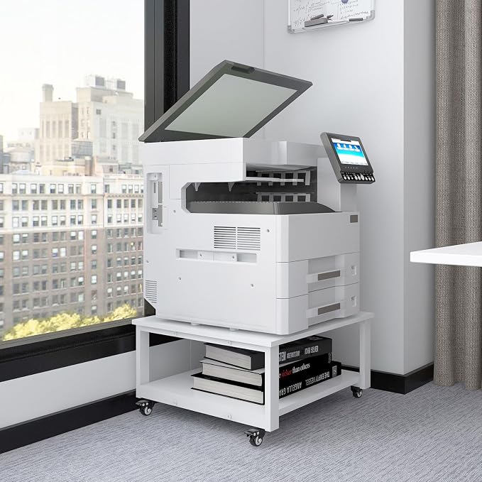 Natwind 2 Tier Laser Printer Stand,23.6''x23.6'' Large Printer Table,Copier Stand with Wheels, Heavy Duty Rolling Printer Cart with Paper Storage Shelf for Home Office (White)