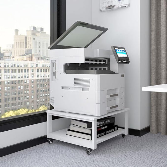 Natwind 2 Tier Laser Printer Stand,23.6''x23.6'' Large Printer Table,Copier Stand with Wheels, Heavy Duty Rolling Printer Cart with Paper Storage Shelf for Home Office (White)