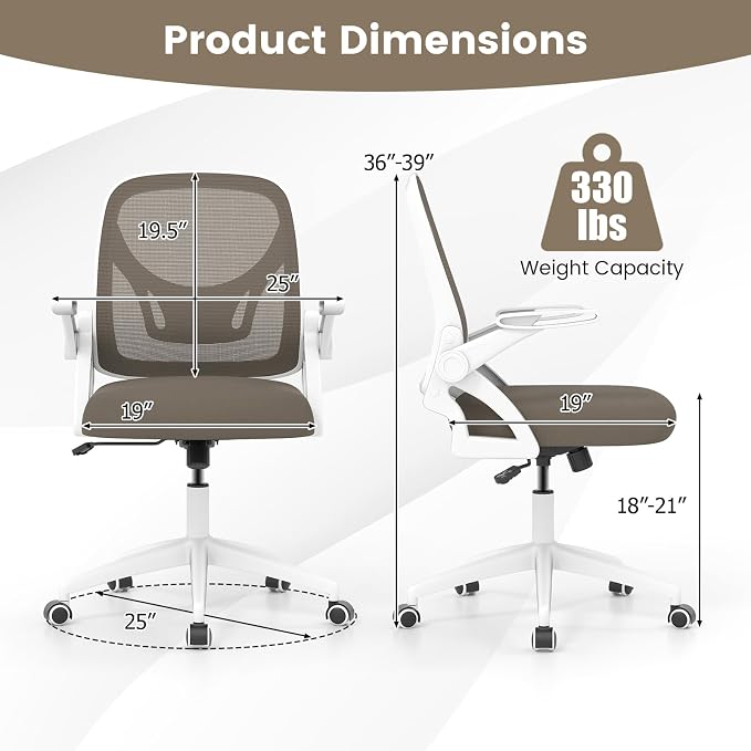 COSTWAY Office Chair, Comfy Swivel Rolling Desk Chair with Adjustable Height & Flip-Up Armrests, Ergonomic Mesh Computer Chairs with Lumbar Support for Working & Gaming (Grey)
