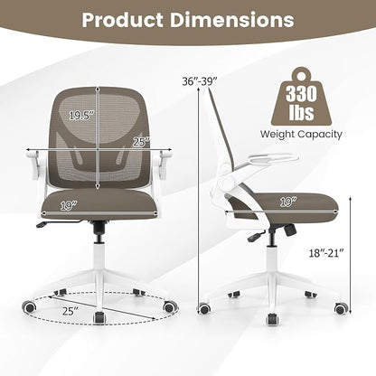 COSTWAY Office Chair, Comfy Swivel Rolling Desk Chair with Adjustable Height & Flip-Up Armrests, Ergonomic Mesh Computer Chairs with Lumbar Support for Working & Gaming (Grey)