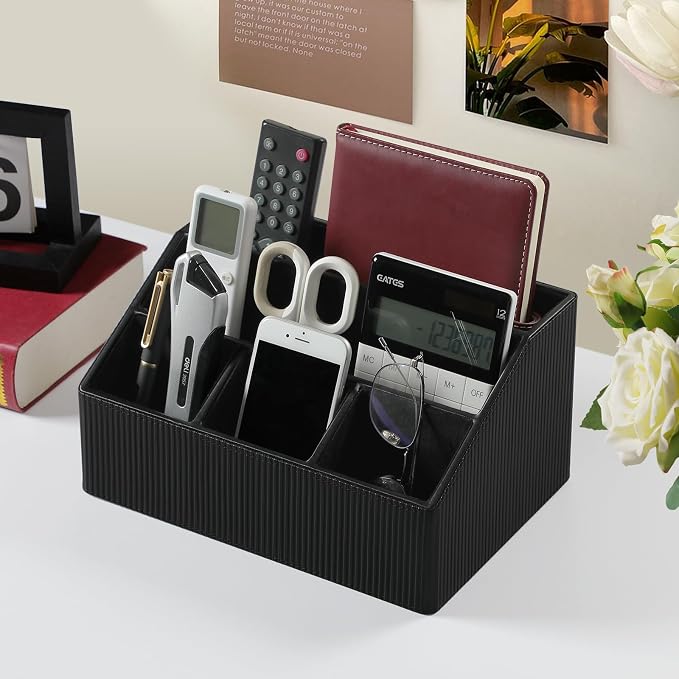 Desk Organizer Caddy with 5 Compartments for Office Art Supplies, PU Leather Nightstand Organizer Pencil Pen Desk Caddy for Home, Desktop TV Remote Control Holder Storage (Striped Black)