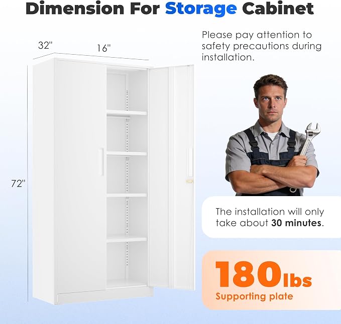 INTERGREAT Metal Storage Cabinet with Lock, 72" Office Storage Cabinet with Locking Doors and 4 Adjustable Shelves, White Lockable Steel Cabinet for Home Office, School