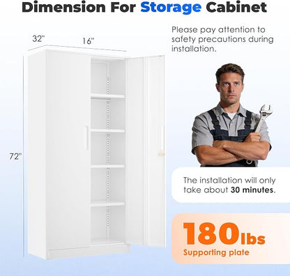 INTERGREAT Metal Storage Cabinet with Lock, 72" Office Storage Cabinet with Locking Doors and 4 Adjustable Shelves, White Lockable Steel Cabinet for Home Office, School