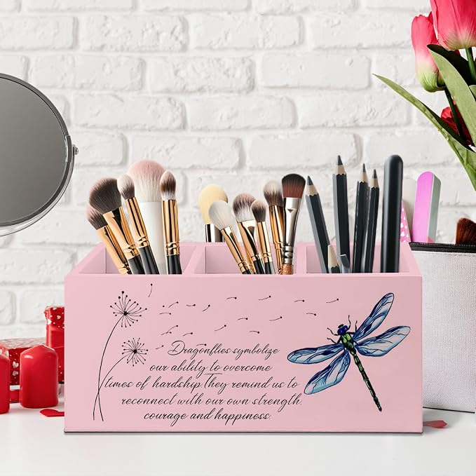 Dragonfly Dandelion Decorative Pink Pencil Holder for Desk,Pink Bookmark Holder Decor, Pen Caddy for Desk Decorative, Motivational Gifts for Women