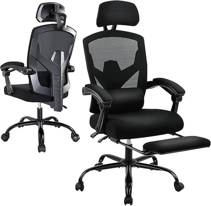 Desk Chair with Foot Rest, High-Back Mesh Office Chair with Wheels, Reclining Gaming Chair with Headrest and Adjustable Lumbar Support, 90°-130° Reclining, for Home Office and Gaming, Black