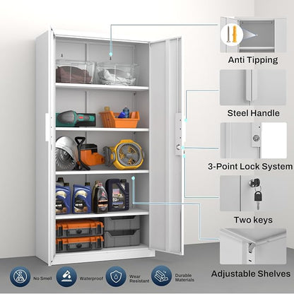 Tall Steel Garage Storage Cabinet with Lock, 71" H Heavy Duty Metal Storage Locker with 4 Adjustable Shelves for Home, Office, White