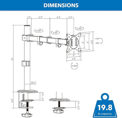 Mount-It! Single Monitor Arm Desk Mount for 17-32 Inch Screens, Holds up to 19.8 lbs, Height Adjustable Full Motion Stand, Steel, Clamp and Grommet Base, VESA 75x75 100x100, Cable Management, Black