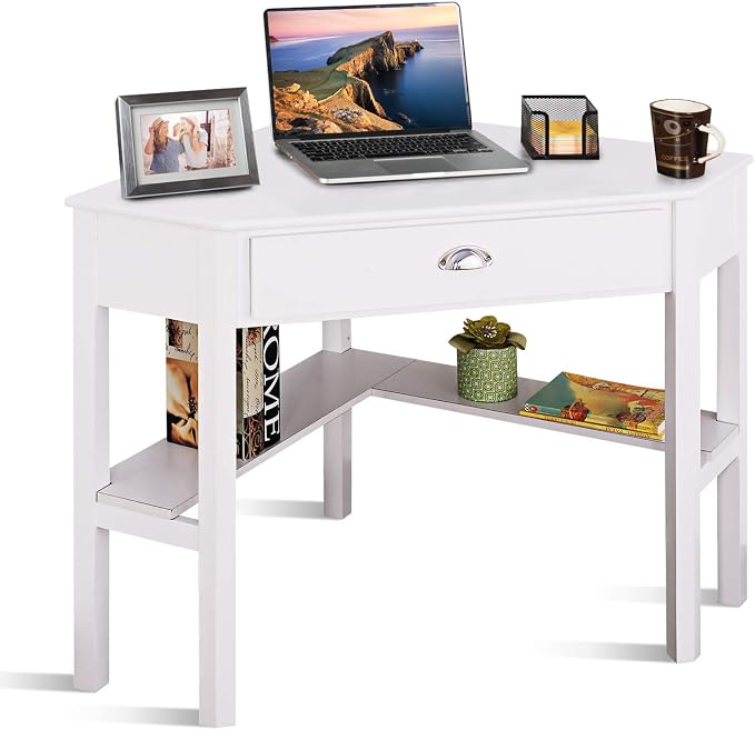 GOFLAME Computer Corner Desk, Wood Compact Home Office Writing Workstation with Drawer and Shelves, Laptop PC Corner Table for Small Space Home Office, White