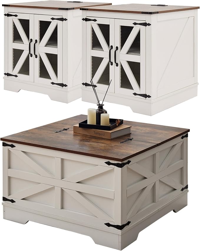 Farmhouse Coffee Table and End Table Set with Charging Station 3 Piece Set, White Living Room Tables with Hidden Storage, Rustic Wood Furniture for Home and Office, White