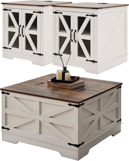 Farmhouse Coffee Table and End Table Set with Charging Station 3 Piece Set, White Living Room Tables with Hidden Storage, Rustic Wood Furniture for Home and Office, White