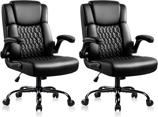 OFIKA Leather Office Desk Chair,Ergonomic Office Chair with Lumbar Support,Computer Chair,Executive Leather Chair with Padded Flip-up Arm,Adjustable Armrests, Black,275LBS,2 Pack