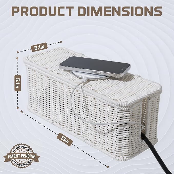 Cable Management Box, Handmade Rattan Cable Organizer with 2 Open Slots, Cord Hider for Power Strip, Router & USB Hub, Registered U.S. Design Patent (D1,112,102), 13" x 5.1" x 5.1", White