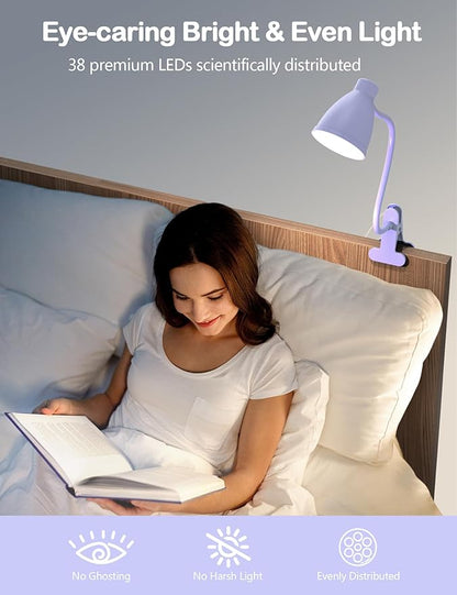 BOHON Desk Lamp with Clamp Clip on Light 5 Color 10 Brightness Lilac Purple | 10W 38 LED Flexible Gooseneck Clip Lamp, Auto Off Timer, Desk Lights for Office Home Bed Bedside Reading