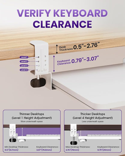 Ergonomic Keyboard Tray Under Desk, Pull Out with Adjustable C-clamp, 25.6 (31.5 Including Clamps) x 11.8 Inch Slide Out Computer Keyboard Drawer Mouse Tray for Typing, Large & White