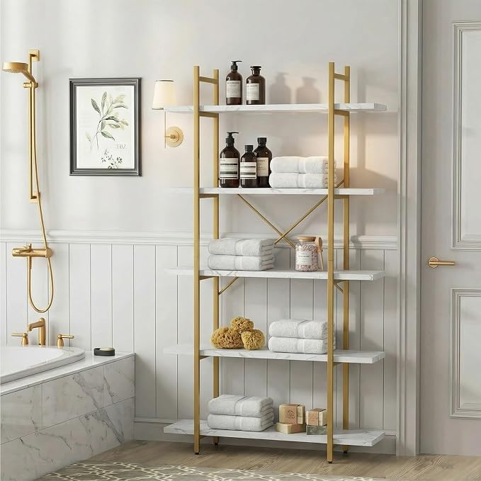5 Tiers Bookshelf Organizer White Faux Marble Shelf,Modern Open Display Storage Bookcase, and Metal Bookshelf Standing Storage Shelf Tall Shelving Units for Home Office Study