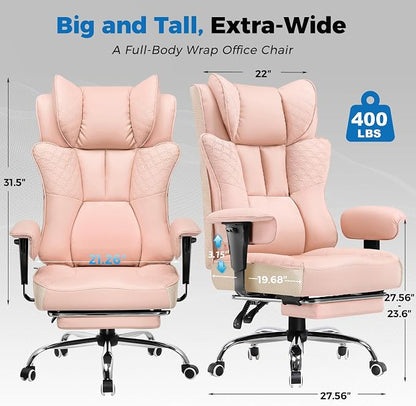 GTPLAYER Big and Tall Office Chair, Wide Ergonomic Gaming Chair with Deluxe Embossing Designed Leather with Foot Rest,150°Reclining Adjustable Soft Armrests Pocket Spring Back Support and Pillow