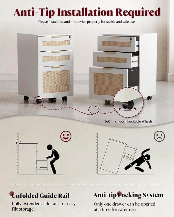 HOPUBUY 3 Drawer File Cabinet with Lock, Small Rattan Filing Cabinets with Wheels, Wood Rolling Office Storage for Under Desk Home Office,White