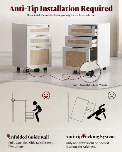 HOPUBUY 3 Drawer File Cabinet with Lock, Small Rattan Filing Cabinets with Wheels, Wood Rolling Office Storage for Under Desk Home Office,White