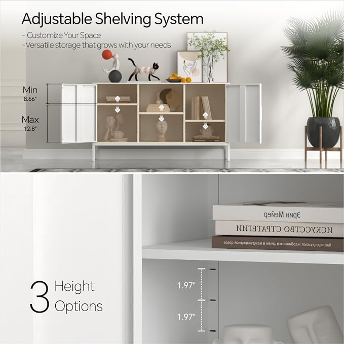 STEEHOOM TV Stand with Door and Adjustable Shelves, Buffet Sideboard Cabinet, Coffee Bar Metal Locker Pantry with 2 Shelves for Office, Home, Kitchen, Living Room (White, 47.24"D x 13.78"W x 29.53"H)