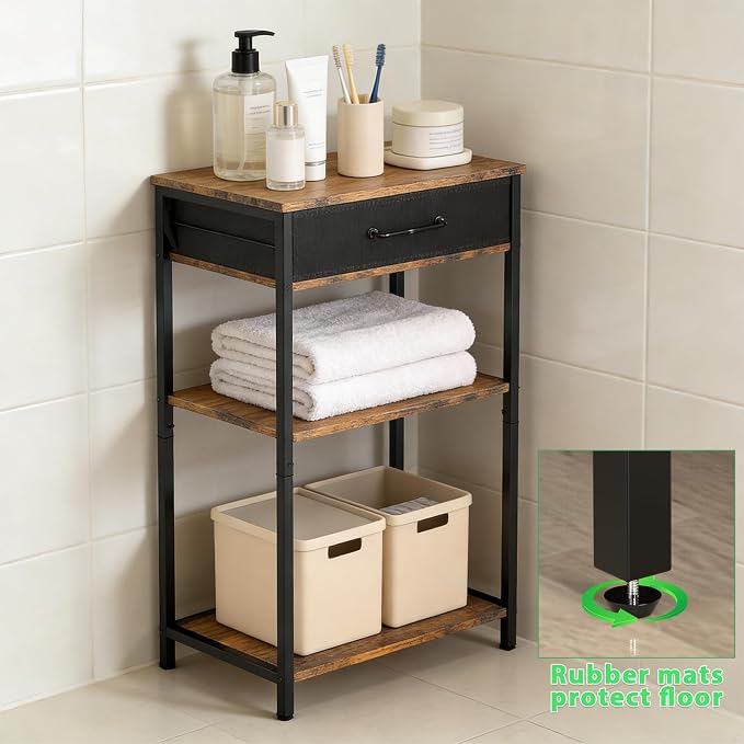 Printer Stand with Fabric Drawer, 3-Tier Industrial Sturdy Under Desk Printer Cart with Open Storage, Narrow Printer Table for Home Office, Fits Printer Scanner Fax Machine, Rustic Brown