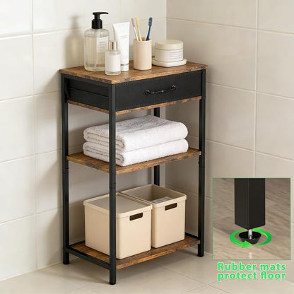 Printer Stand with Fabric Drawer, 3-Tier Industrial Sturdy Under Desk Printer Cart with Open Storage, Narrow Printer Table for Home Office, Fits Printer Scanner Fax Machine, Rustic Brown