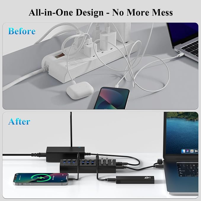Powered USB Hub, 10-Port USB C Hub with 6 USB-A 3.2, 4 USB-C 3.2 Ports, Individual Switches and 12V/5A Power Adapter, Aluminum USB Extension for MacBook, Laptop/PC and More(Black)