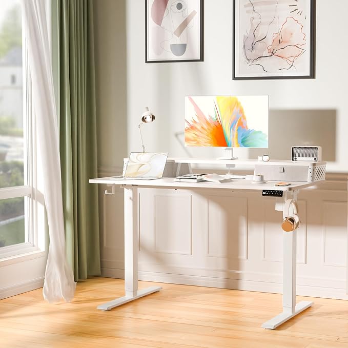 Electric Standing Desk with Two Drawers,48 x 24 Inch Sit Stand Desk Adjustable Height, Stand Up Desk with Storage Shelf, Computer Workstation for Home Office, White