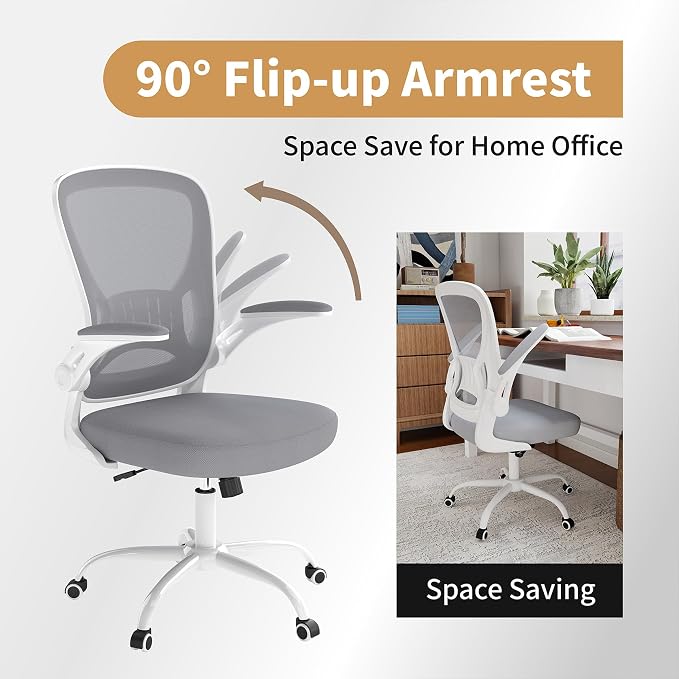 Youhauchair Office Chair, Ergonomic Home Office Desk Chairs with Flip-up Arms and Lumbar Support, Height Adjustable, Grey