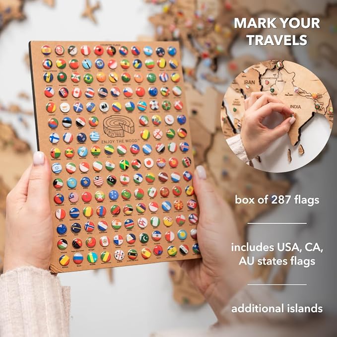 Enjoy The Wood 3D Wooden World Map Wall Art - Large Travel Map with Pins for Art Decor - Decorative Map of the World for Home, Office - Travel Wall Art Housewarming Gift Idea (Light, 2XL, Unframed)