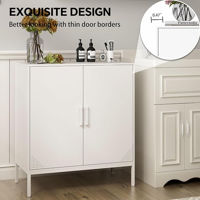 Steehoom Metal Storage Cabinet with Adjustable Shelves, Steel Buffet Sideboard for Entryway, Garage, Dining Room, Kitchen, Office, Bar (White, 31.5" D x 15.75" W x 35.43" H)