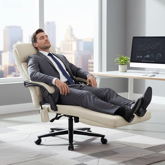 DYHOME Executive Office Chair with Footrest,Ergonomic Computer Desk Chairs,Mid-Tall Back Leather Office Chair,Lumbar Support Swivel Chair with Rocking Function,Beige