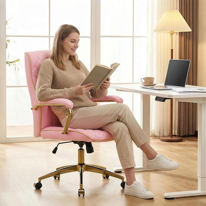 Furniliving Pink and Gold Office Chair, Leather Office Chairs, Adjustable Vanity Chair with Golden Legs and Padded Armrest, Modern Upholstered Computer Chair with Wheels,Pink