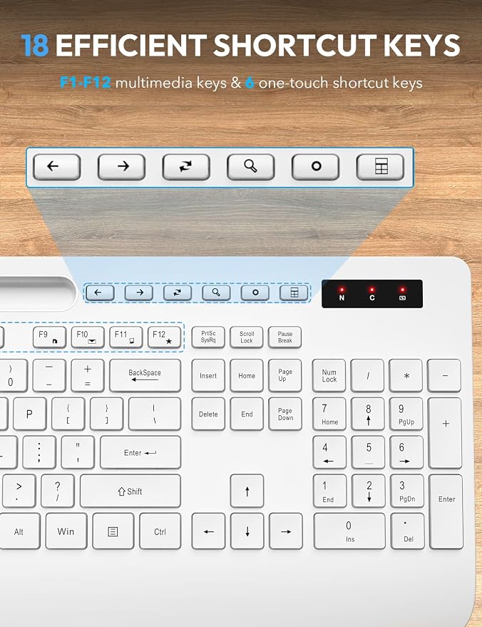 Wireless Keyboard and Mouse Combo - Full Size Ergonomic Wrist Rest, Silent Typing, Phone Holder, 2.4 GHz, 3 Level DPI, Batteries Powered, KM23D Set Compatible with PC, Laptop, Windows, macOS -SABLUTE