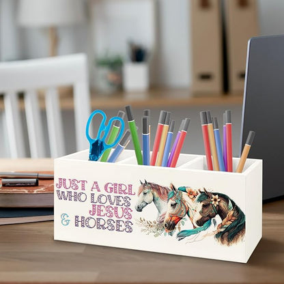 Horse Gifts for Girls Women Wooden Pen Pencil Holder for Office Desk Accessories, Western Cowgirl Gifts, Just a Girl Who Loves Jesus and Horse Makeup Brush Toothbrush Holder Organizer