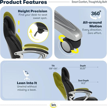 Serta Bryce Executive Office Chair - Ergonomic Computer DeskChair with Lumbar Technology - Adjustable Height - Memory Foam Body Pillows - 360° Swivel Rolling Base - Bonded Leather - Black