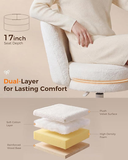 GTPLAYER Velvet Tall Office Chair with Wheels Vanity Chairs with Back, Versatile Height Use: Office to Bar Stools Small Ergonomic Comfy Armlees Computer Desk Chair with Bow Lumbar Pillow for Gift