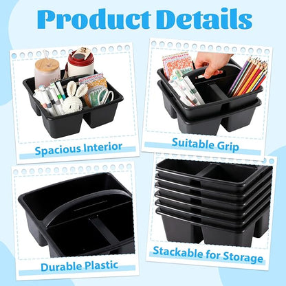 6 Pack 3 Compartment Small Caddy Plastic Classroom Organizer with Handle Portable Teacher Supply Storage Caddy Craft Art Caddies for Pencil, Crayon, Marker, Home, Office, School Supplies(Black)