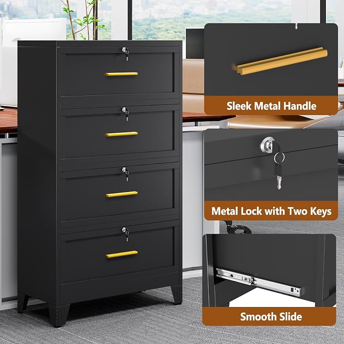 Metal Lateral File Cabinet with Lock,4 Drawer Steel Wide Filing Organization Storage Cabinets for Legal/Letter/A4/F4 Size with Hanging Files&Key,Lockable Printer Stand for Home Office, Black