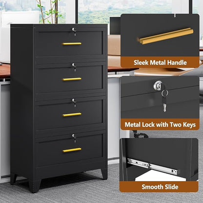 Metal Lateral File Cabinet with Lock,4 Drawer Steel Wide Filing Organization Storage Cabinets for Legal/Letter/A4/F4 Size with Hanging Files&Key,Lockable Printer Stand for Home Office, Black