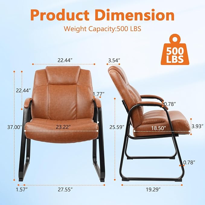 CLATINA Big Tall 500 LB Wide Guest Chairs Heavy Duty, Leather Side Reception Chairs with Sled Base and Arms, Executive Office Desk Chair No Wheels for Meeting Conference Waiting Room Home, Brown 4 PK