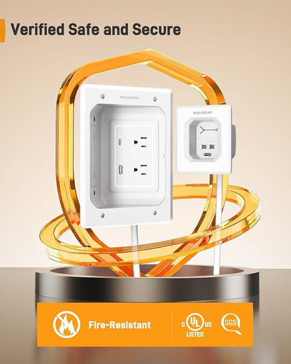 Perlegear in Wall Cable Management Kit, USB & Type C PortsTV Cord Hider & Cable Hider, Wire Hider with Recessed Power, Includes Drill Template, Dust Bag, Drywall Saw, Extension Cable