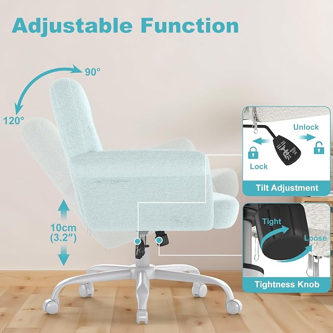 Comfy Home Office Desk Chair, Upholstered Fuzzy Vanity Chair with Wheels and Arms, Modern Adjustable Swivel Computer Seat for Make Up, Home Office, Living Room, Bedroom, Teddy Fleece, Blue