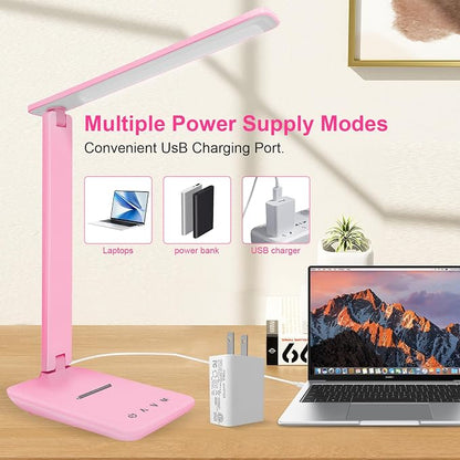 shinelife LED Desk Lamp for Office Home, Bright Desk Light with USB Charging Port, Adjustable Dimmable Desk Lamps 5 Modes 5 Brightness, Touch Study Lamp for Nail, Craft, Puzzle, Sewing, Study, Pink