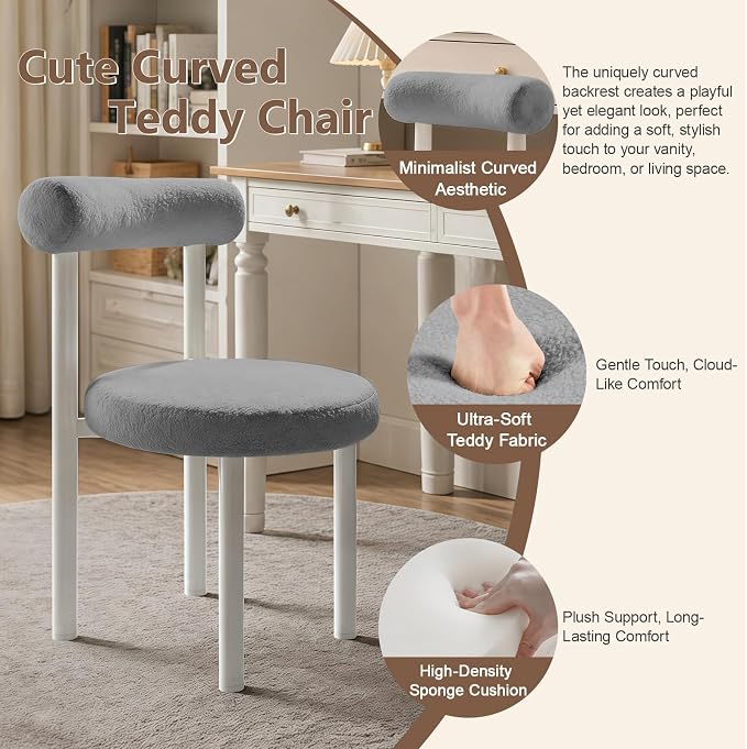 Cute Small Armless Desk Chair, Ergonomic Comfy Vanity Chairs Lumbar Support with Back for Makeup, Teddy Fabric Computer Desk Chair for Home, Bedroom, Vanity, Teens, Adults