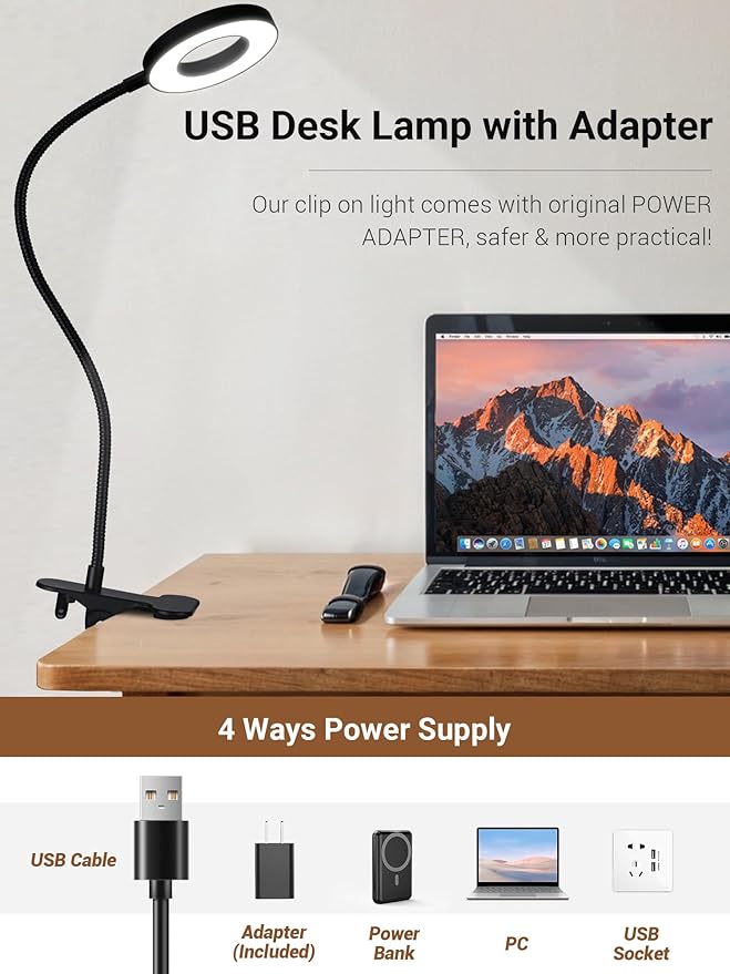 Clip on Lamp,5 Colors+10 Brightness Memory LED Desk Lamp with Clamp Light | 550lm Bright Clip on Light for Bed Headboard/Bedside Table,360° Adjustable Reading Light for Bed/Dorm/Nail/Puzzle,USB Adapter