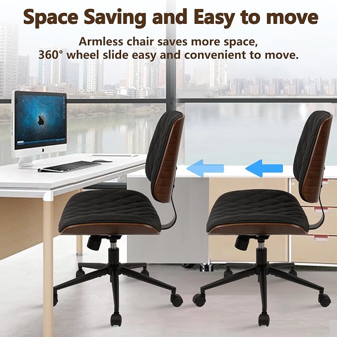 CLATINA Home Office Desk Chair with Wheels, Adjustable Height Armless Office Chair, PU Leather Mid Back 360 Swivel Computer Chair, Modern Walnut Chair for Home, Meeting, Reading Room,Black(4 pk)