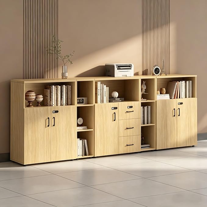 File Cabinet with Password Lock, Wood Lateral Filing Cabinet for Letter/A4 Files, 3 Drawer with Door, Printer Stand with Open Shelves for Home Office