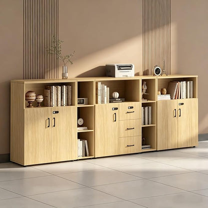 File Cabinet with Password Lock, Wood Lateral Filing Cabinet for Letter/A4 Files, 3 Drawer with Door, Printer Stand with Open Shelves for Home Office