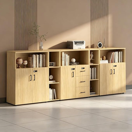 File Cabinet with Password Lock, Wood Lateral Filing Cabinet for Letter/A4 Files, 3 Drawer with Door, Printer Stand with Open Shelves for Home Office