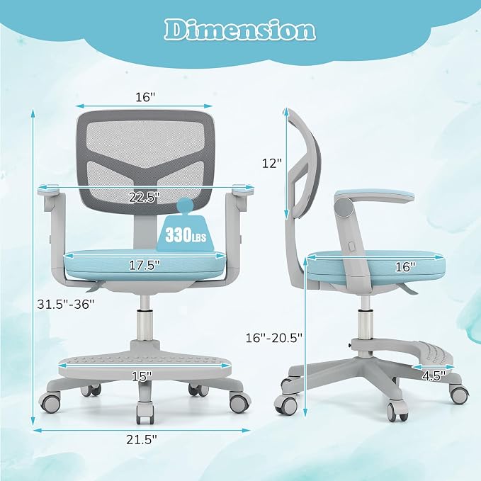 Giantex Kids Desk Chair, Ergonomic Adjustable Student Rolling Chair with Footrest & Flip-up Armrest, Mesh Children Office Chair with Universal Wheels, Kids Computer Chair for Boys & Girls, Blue